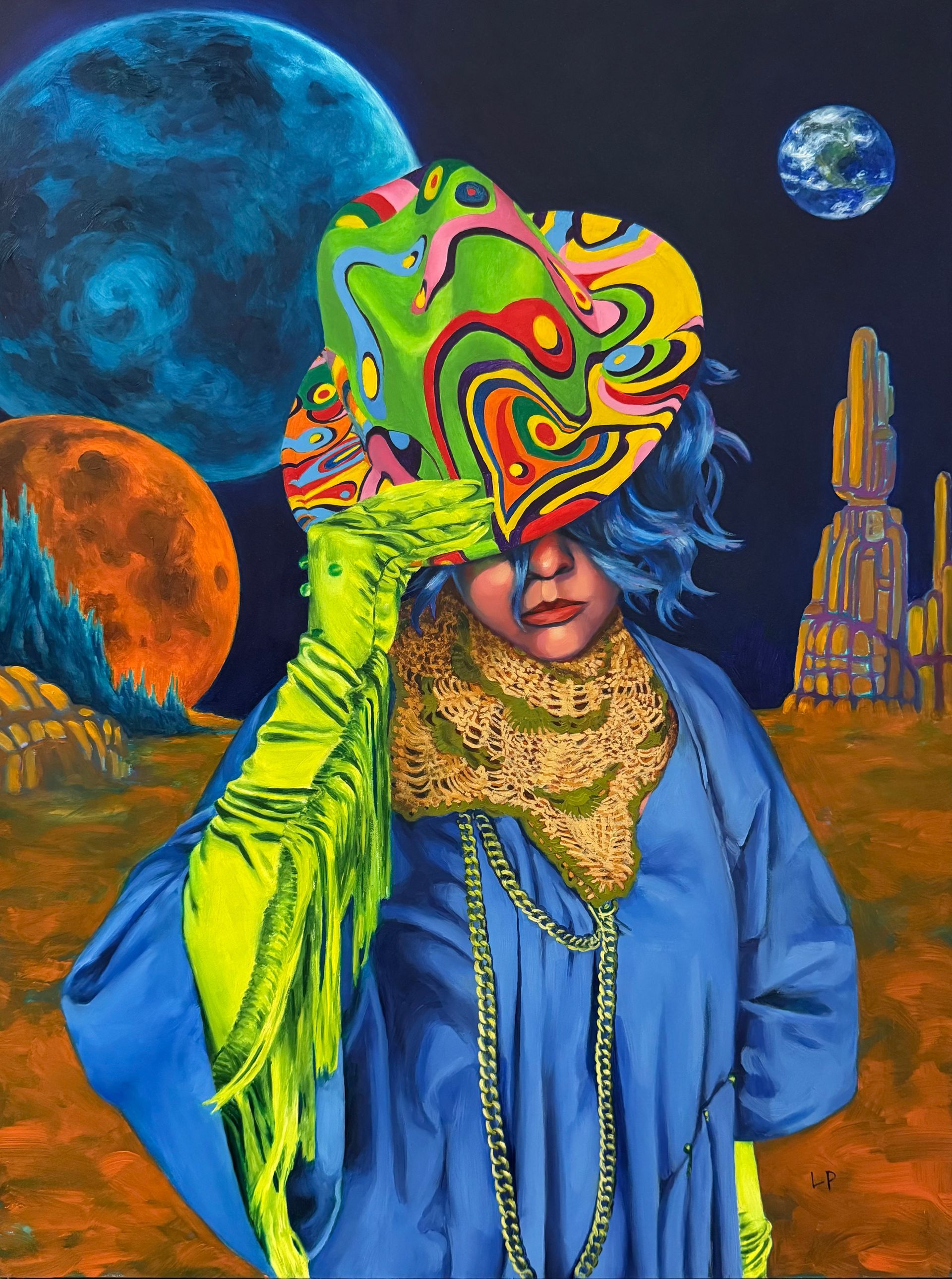 Oil painting of a figure tipping a brightly colored and trippy hat, green fringed gloves, and a space background with earth in the far distance.