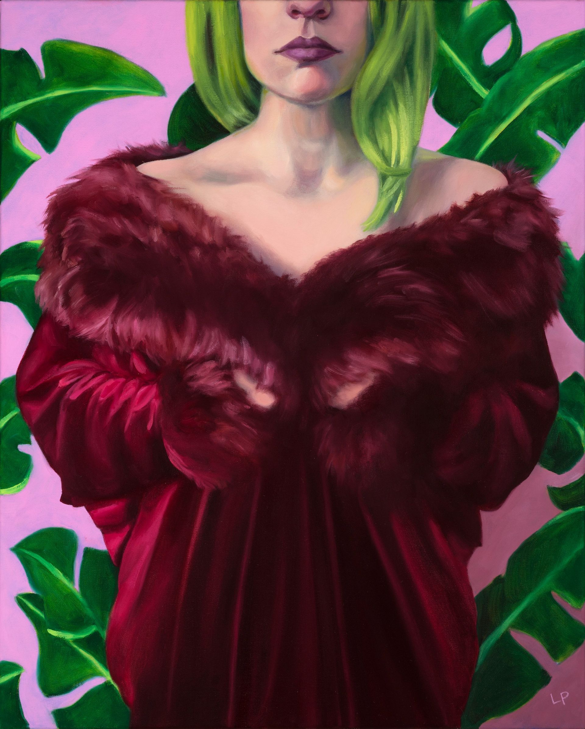 Oil painting of a figure cropped at the nose, red fur robe falling down, with a pink and green leafy background.