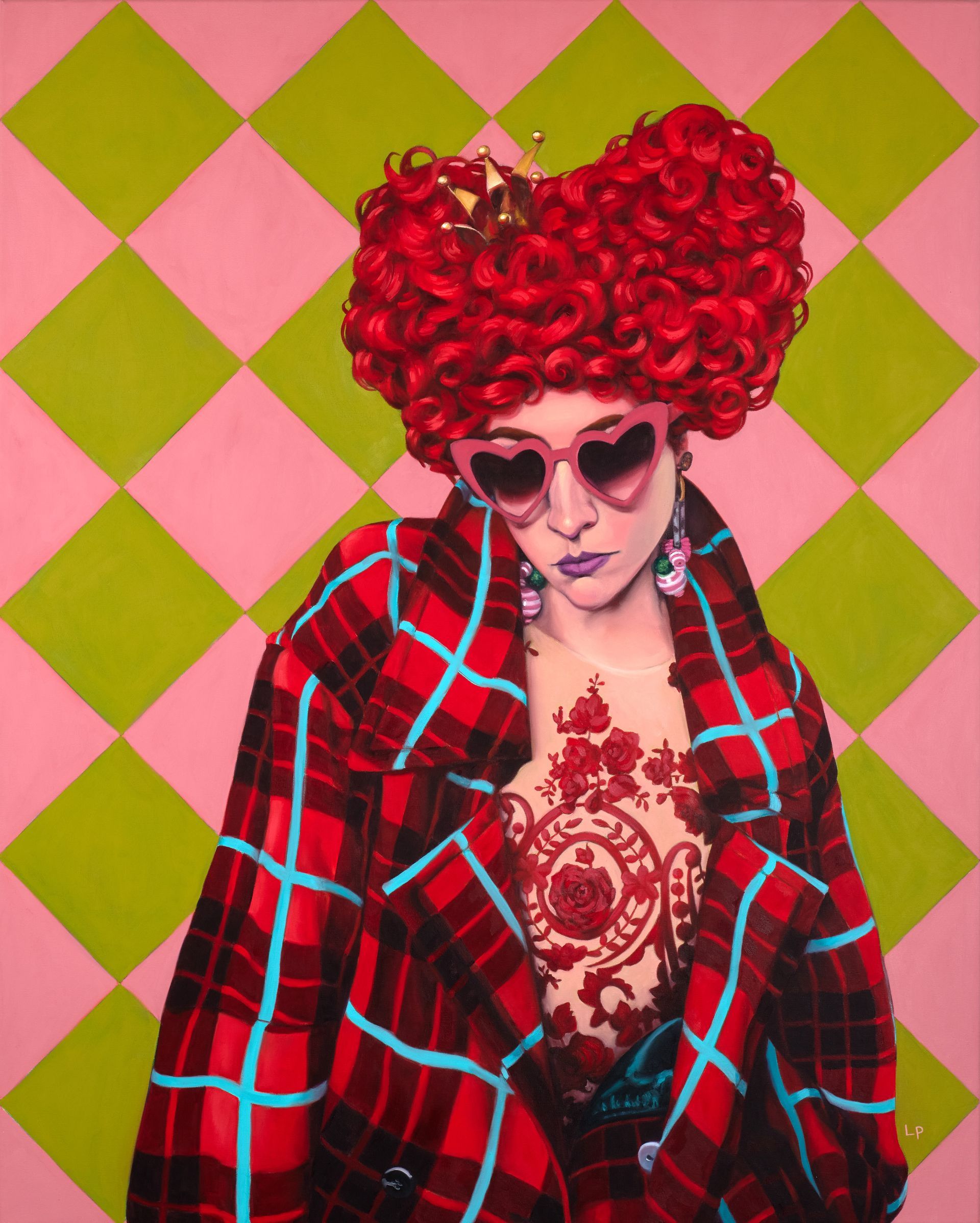Oil painting of a figure with a red Queen of Hearts wig, a red plaid coat; background is a pink and green geometric print.