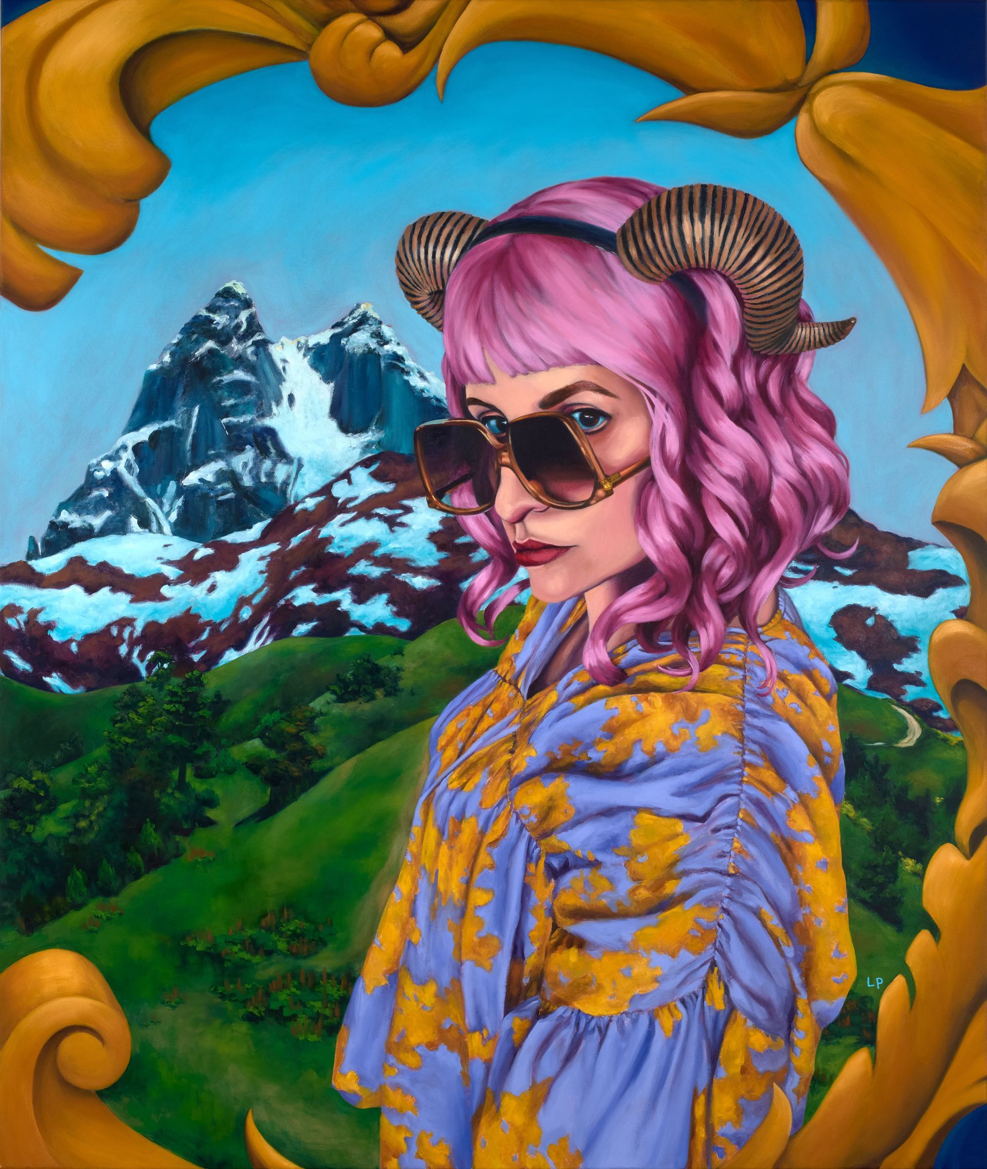 Oil painting of a figure with a pink wig, horns, sunglasses; background is Mt Ushba framed by a yellow scroll.