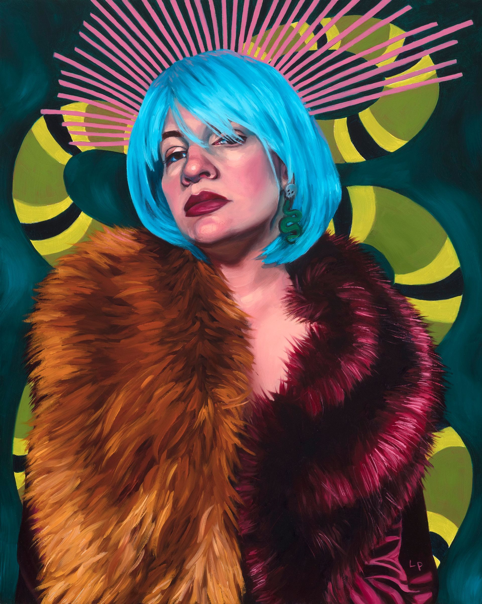 Oil painting of a figure in a fur robe, blue wig, and a crow, with a snake pattern in the background