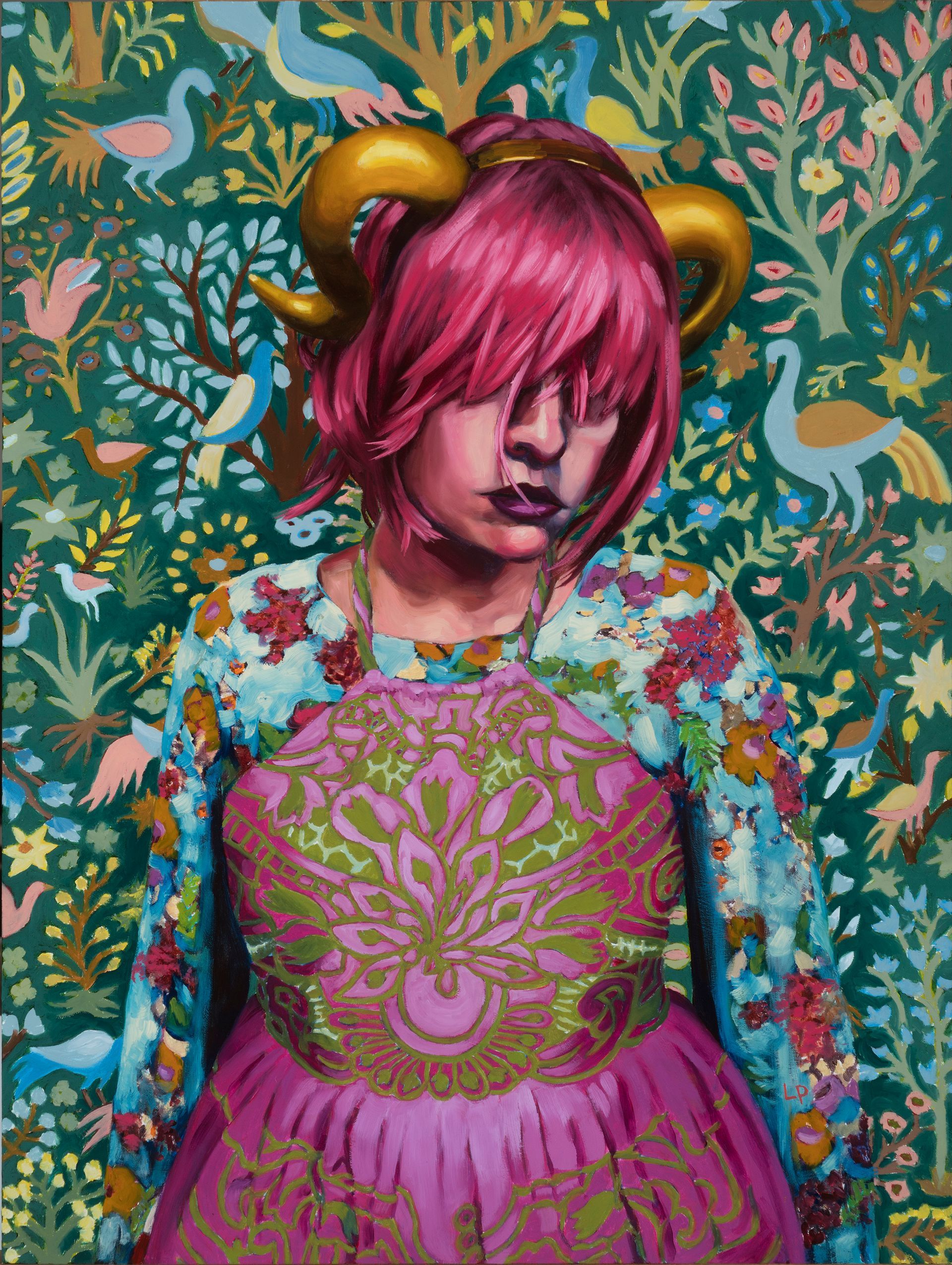 Oil painting of a figure in highly patterned clothing with a pink wig and horns, fading into a highly patterned background