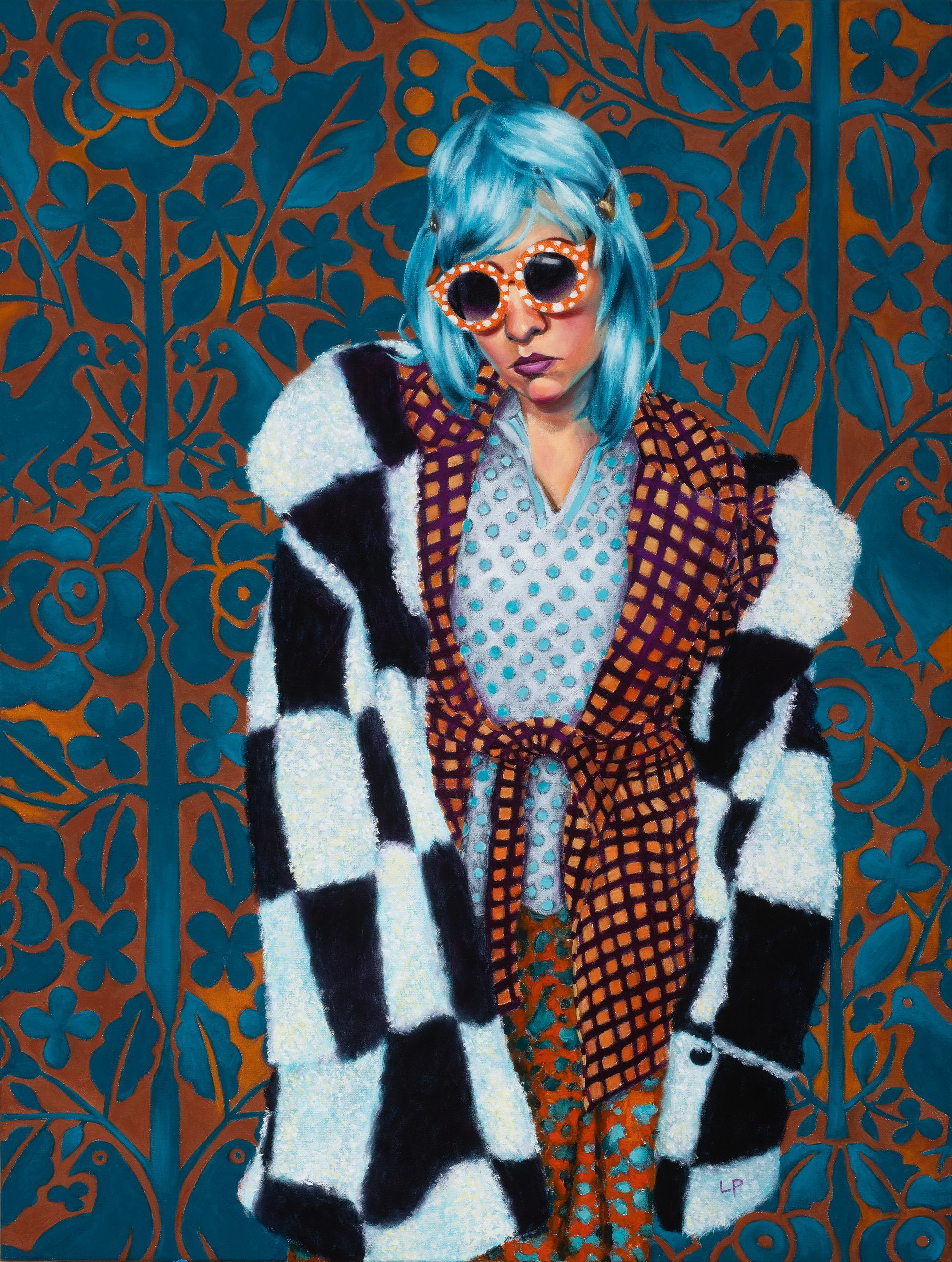 Oil painting of a figure in garments with clashing patterns and a background resembling vintage wallpaper