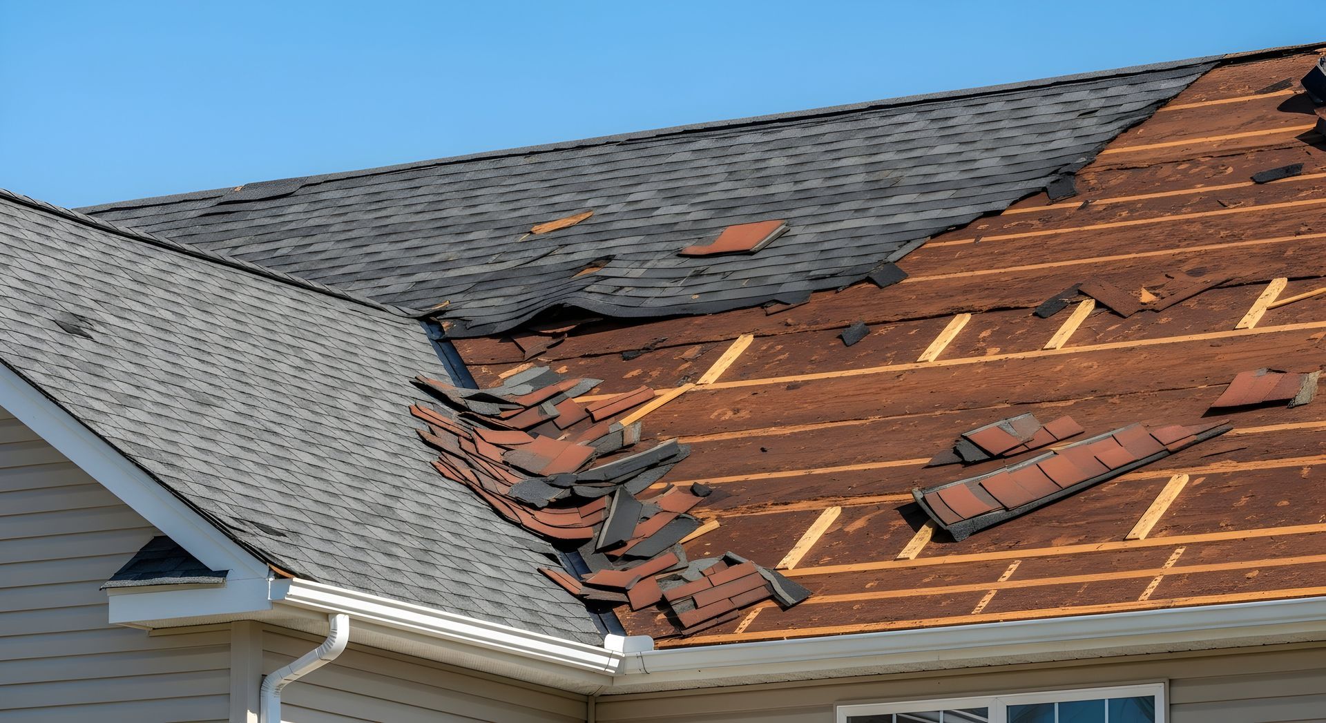 A residential re-roofing project is in progress, showing shingles removed to expose the wooden roof deck. A residential re-roofing project is in progress, showing shingles removed to expose the wooden roof deck.