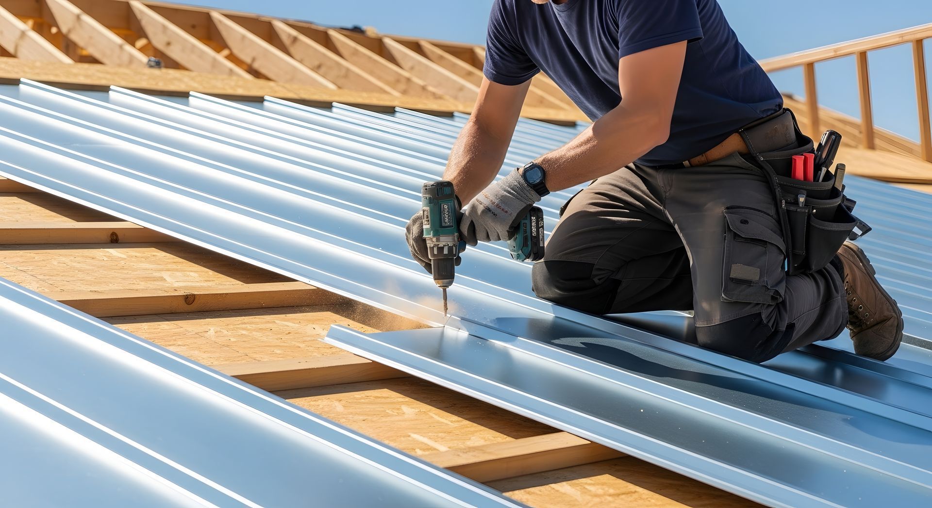 Roofer installing metal panels on a roof, using a drill. Blue sky in the background.