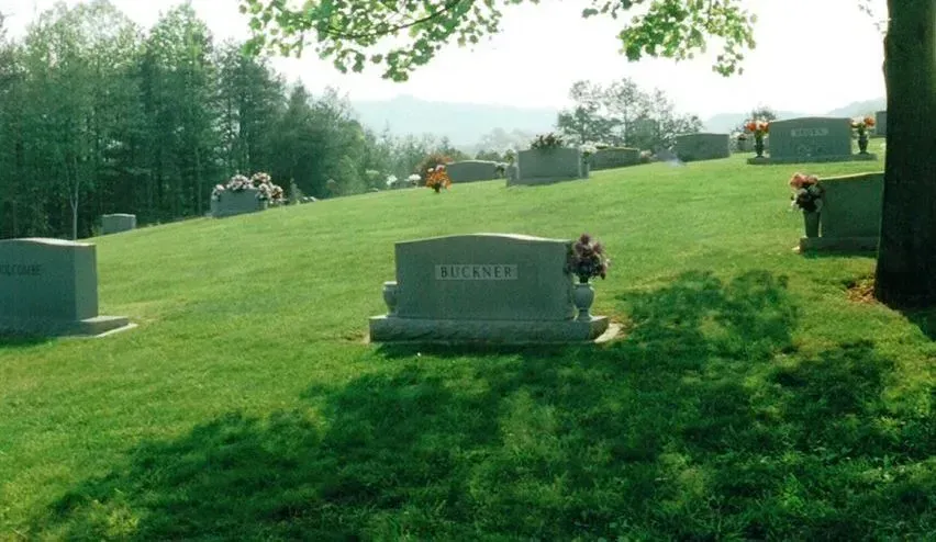 Grassy cemetery hillside with several gravestones and flowers under a leafy tree canopy