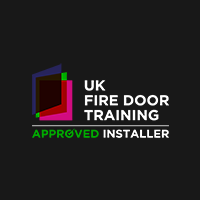 UK Fire Door Training Approved Installer logo on a dark background