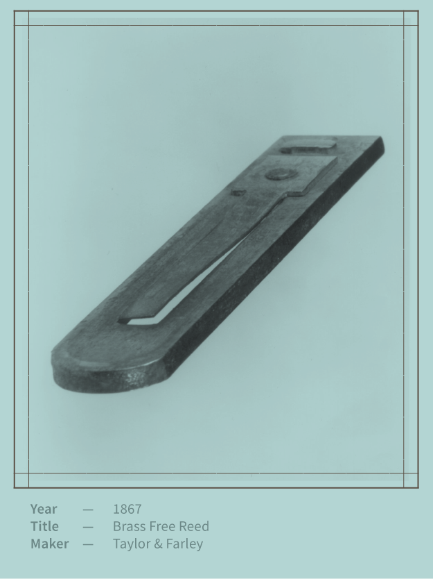 A picture of a brass free reed that was made in 1857