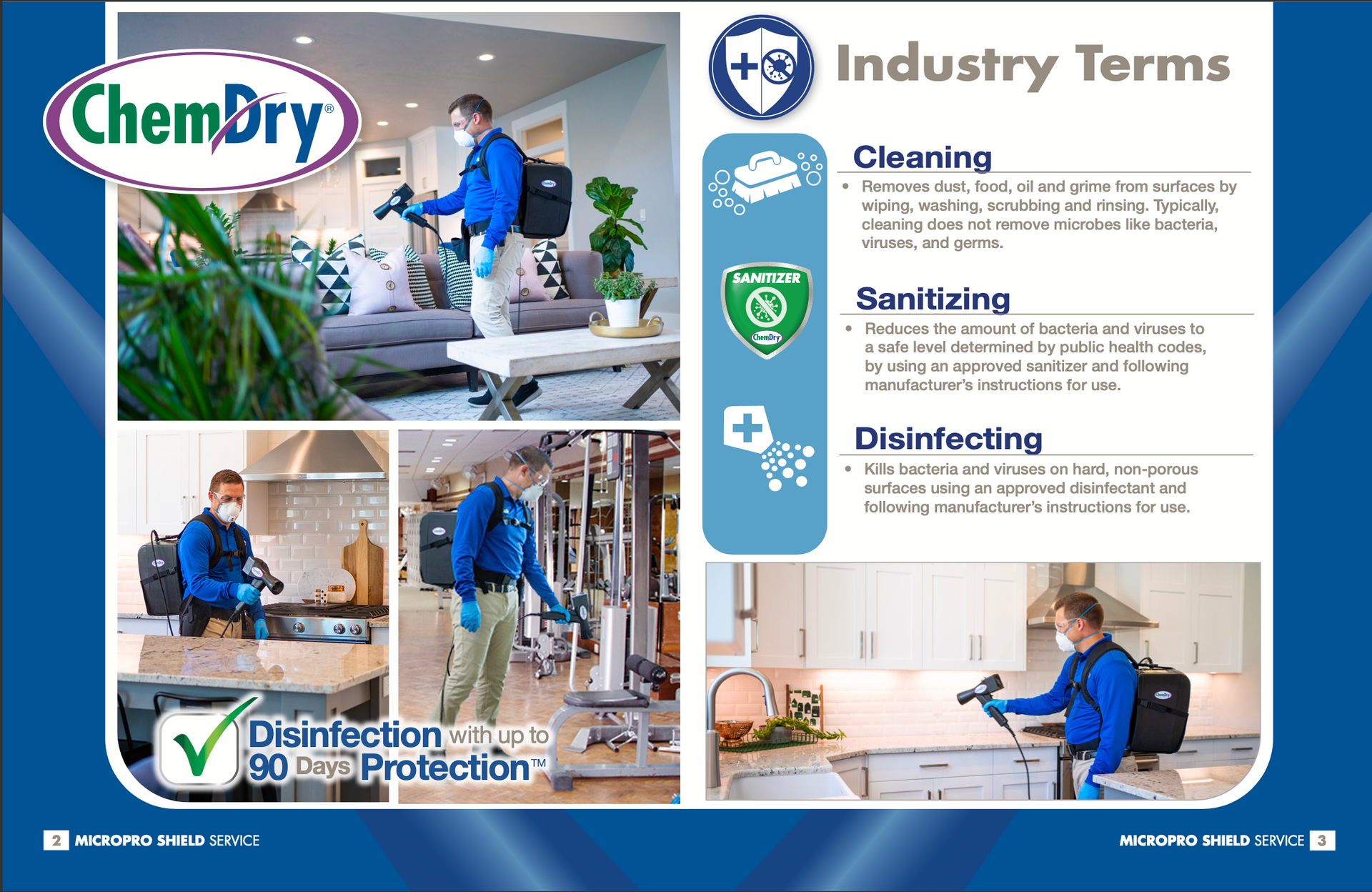 Chem-Dry technicians disinfecting homes. Text defines cleaning, sanitizing, and disinfecting. Blue theme.