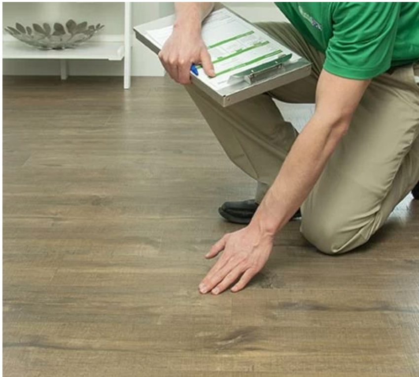 Person spraying carpet with pest control product.