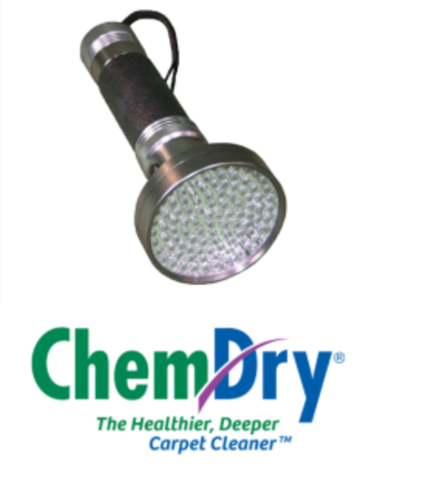Chem-Dry carpet cleaning ultraviolet light with green and blue company logo below.