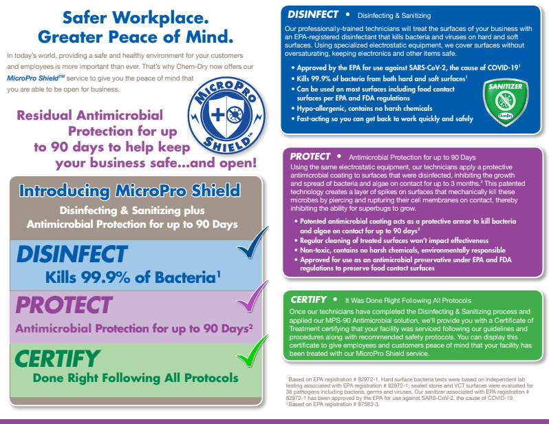 Advertisement for MicroPro Shield, offering antimicrobial protection for businesses with three steps: