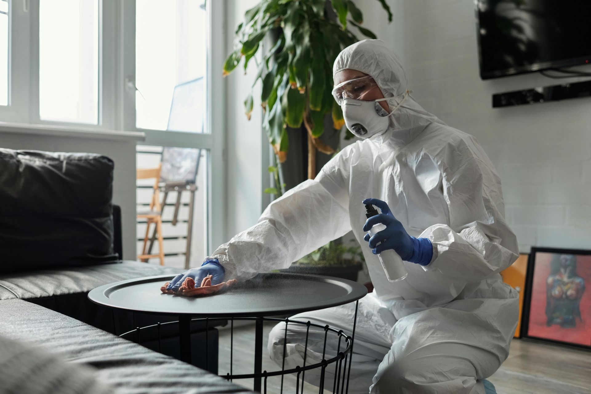 Person in hazmat suit disinfecting a table with spray bottle in a living room.