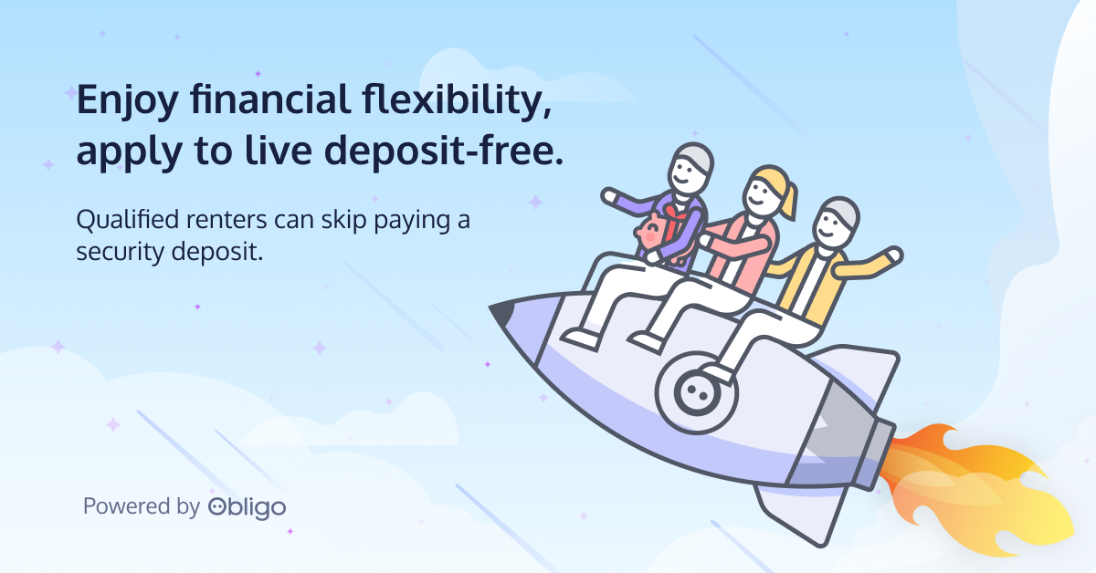 Three people ride a rocket through a light blue sky, promoting a deposit-free rental service powered by Obligo.