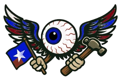 Winged eyeball with blue lightning and gray wings in a dramatic fantasy style