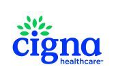 A cigna healthcare logo with a green flower on a white background.