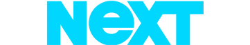 The word next is written in blue on a white background.