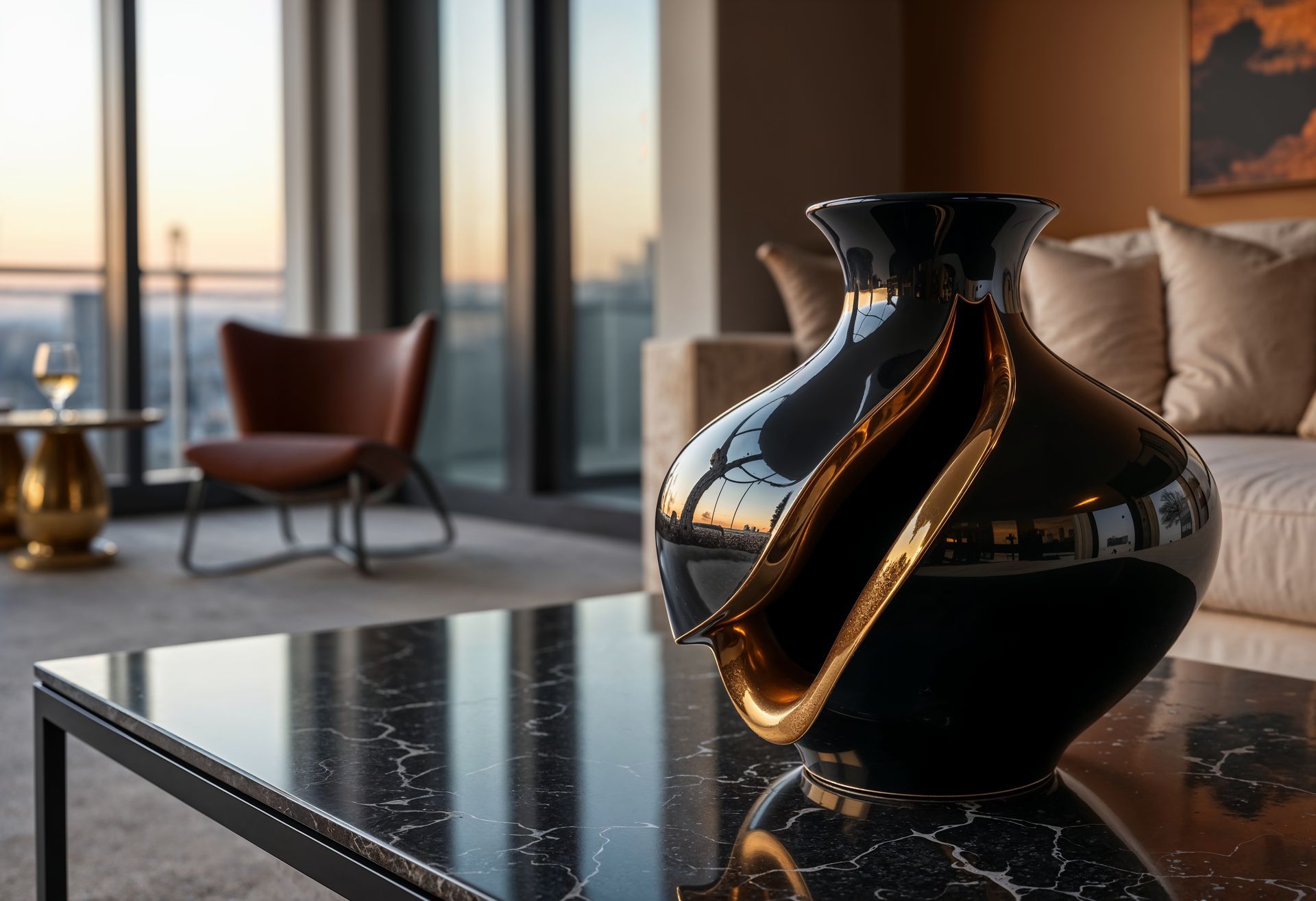 Black ceramic vase with gold interior on a marble table, overlooking a cityscape from a living room.