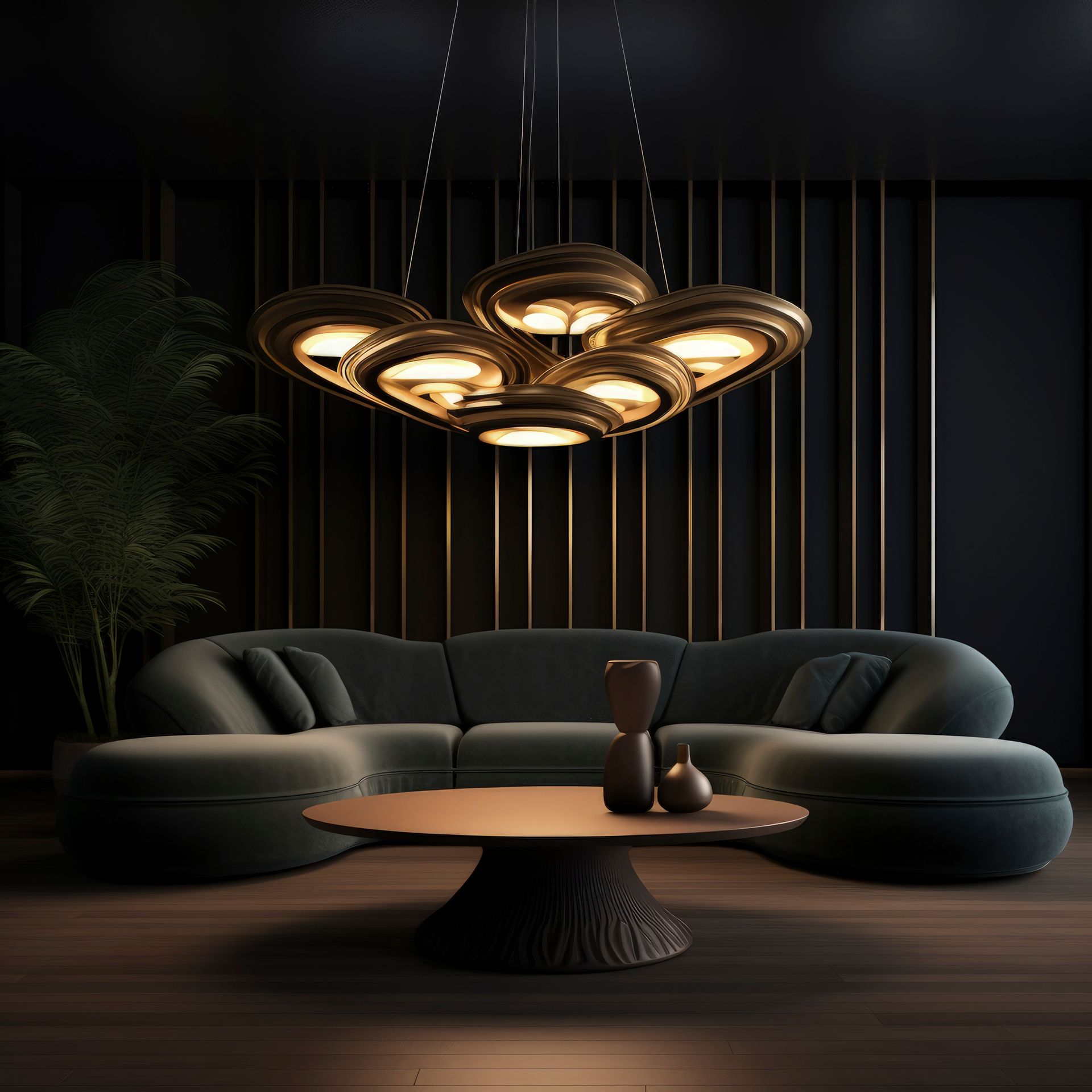 Luxurious living room with a dark green sofa, a unique chandelier, and a round coffee table.