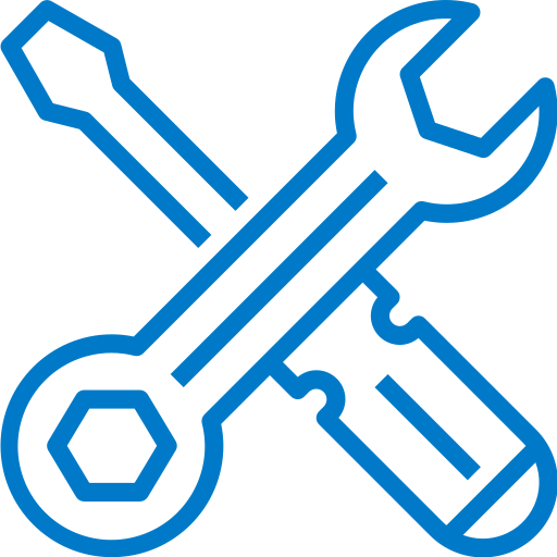 A blue icon of a wrench , screwdriver and nut.