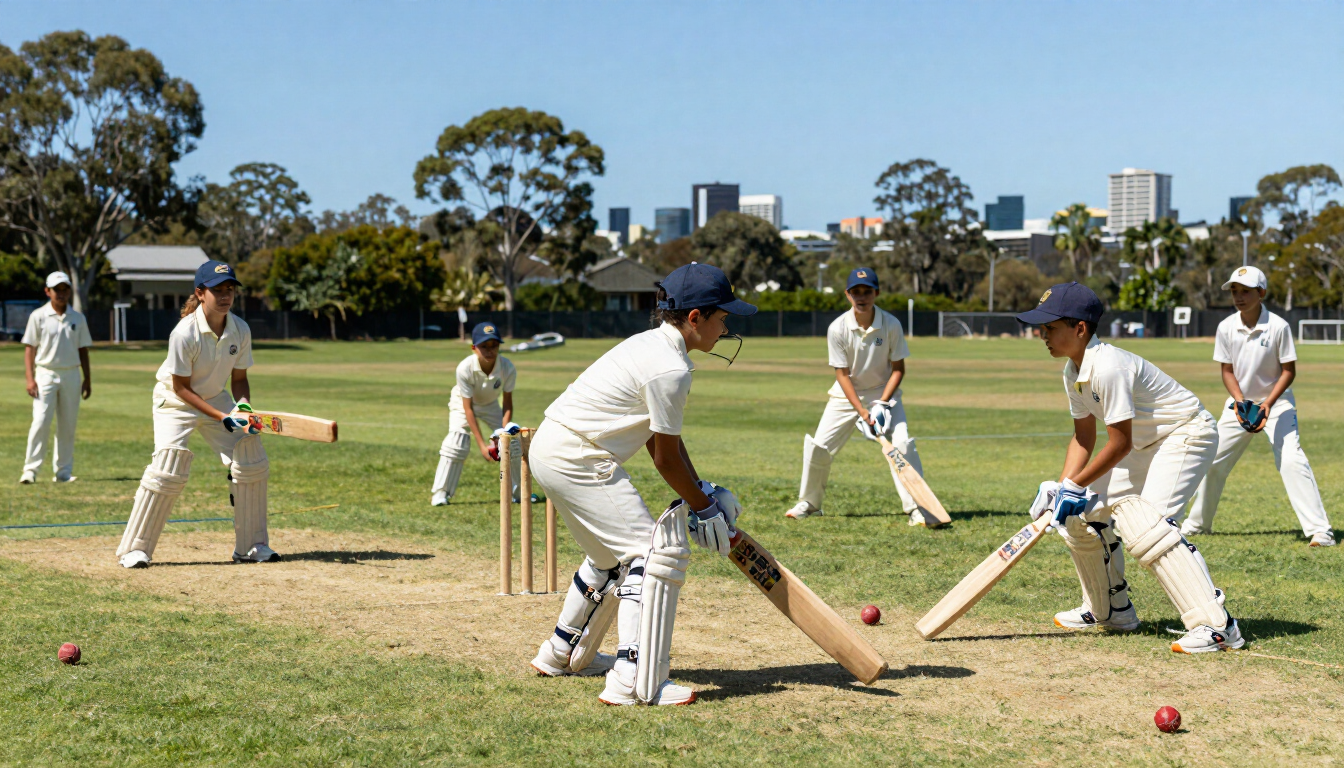 Junior cricketers training in Brisbane under sunny skies.