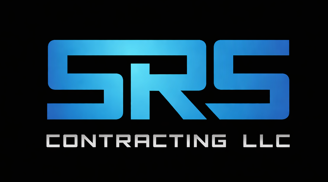 Blue SRS Contracting LLC logo on black background.