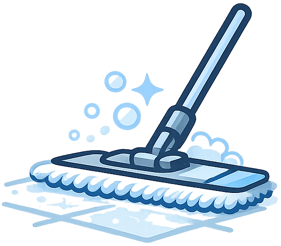 Mocio blu che pulisce un pavimento piastrellato con le bolle.