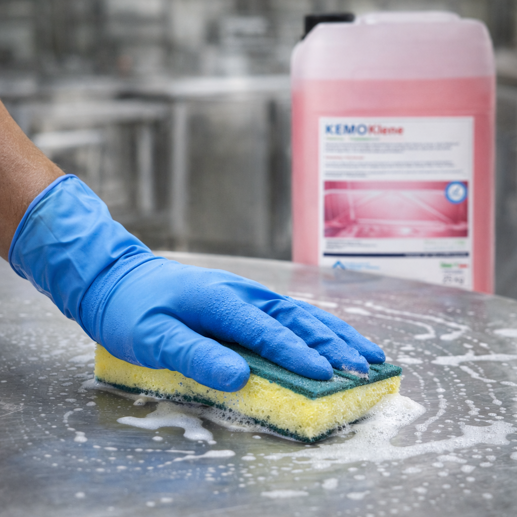 Persona con guanto blu che pulisce una superficie metallica con una spugna, sullo sfondo un contenitore rosa di sostanze chimiche.