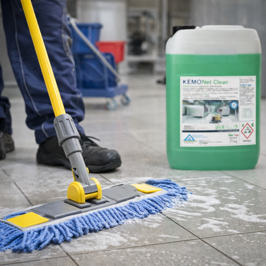 Persona che lava il pavimento con uno straccio blu, un liquido detergente verde e schiuma bianca sul pavimento.