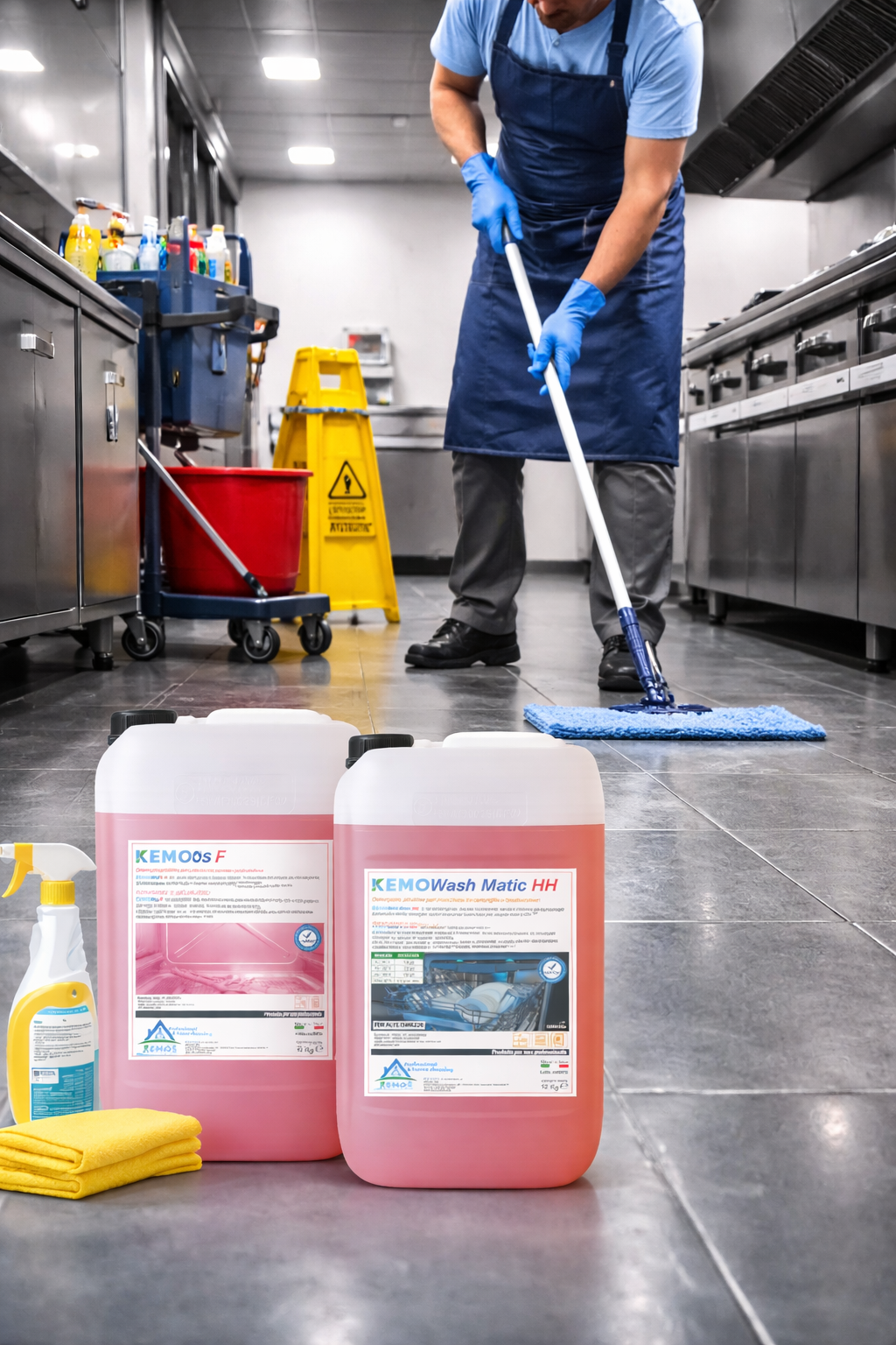 Persona che lava il pavimento di una cucina commerciale, con prodotti per la pulizia in primo piano.