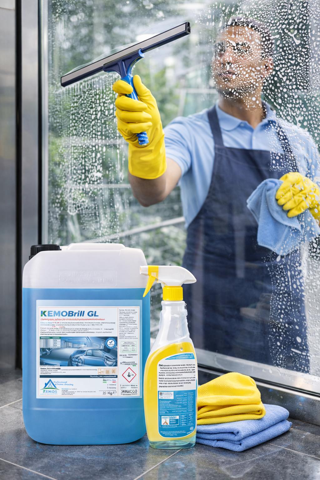 Persona che lava il pavimento con uno straccio blu, un liquido detergente verde e schiuma bianca sul pavimento.