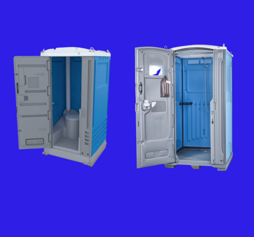 Two blue portable toilets with grey doors on a solid blue background.