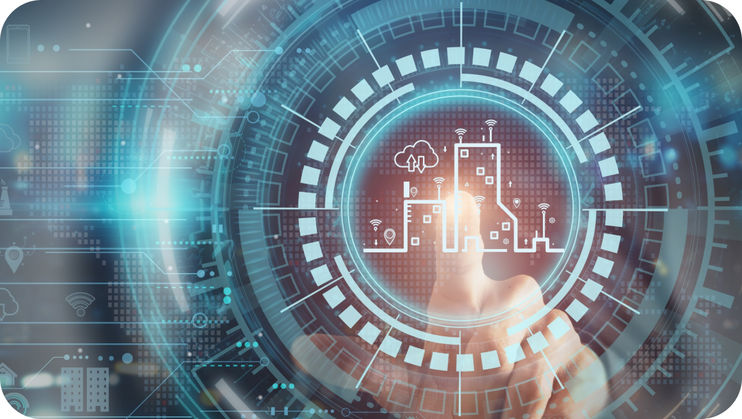 Hand pointing at a futuristic digital interface with a city outline, surrounded by blue and white glowing circles.
