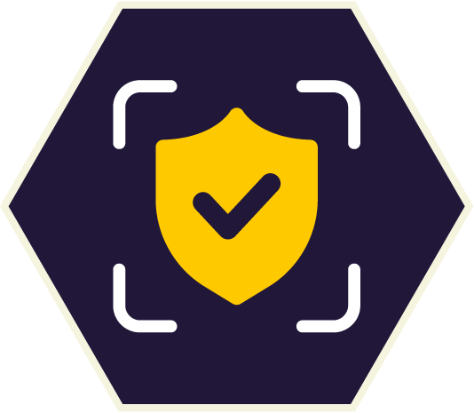 Yellow shield with a checkmark, inside a white frame, on a dark blue hexagon.