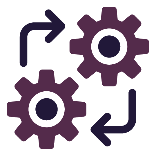 Two interlocking gears in purple, with arrows indicating a cyclical process.