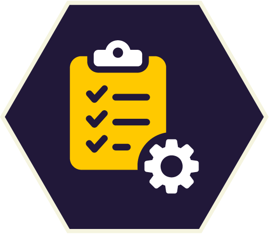 Yellow clipboard with checkmarks and a gear icon inside a dark blue hexagon.
