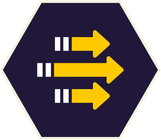 Yellow arrows pointing right on a dark blue hexagon, symbolizing data transfer or process flow.