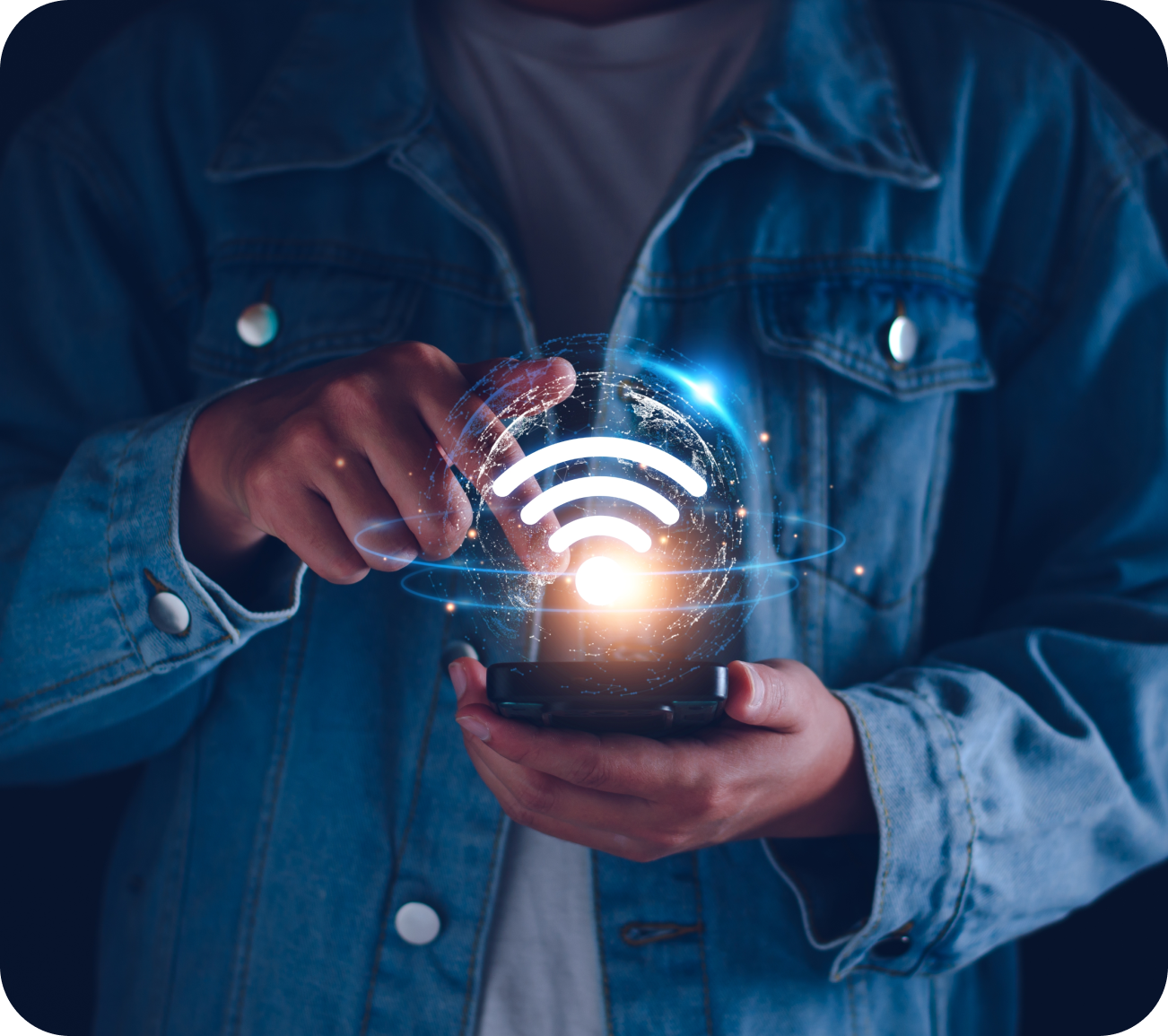 Person holding a smartphone with a glowing Wi-Fi signal icon overlayed, suggesting wireless internet access.