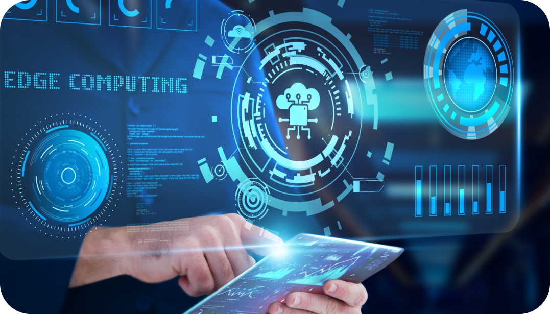 Person using a tablet with futuristic digital displays highlighting edge computing.  Blue and white glowing graphics overlaying the person's hands.