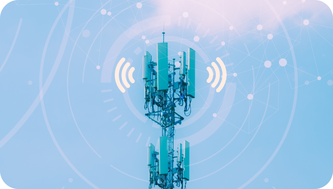 Cell tower with radiating signal waves against a blue background, suggesting wireless communication.
