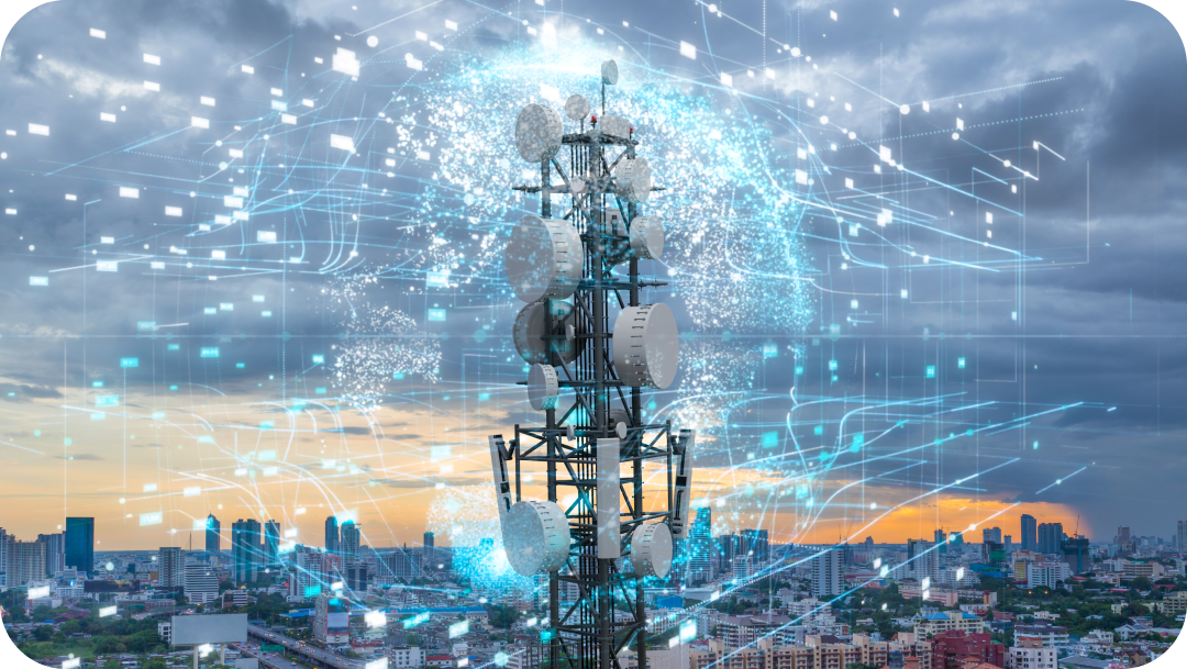 Cell tower with radiating blue digital network overlaid on a cityscape.