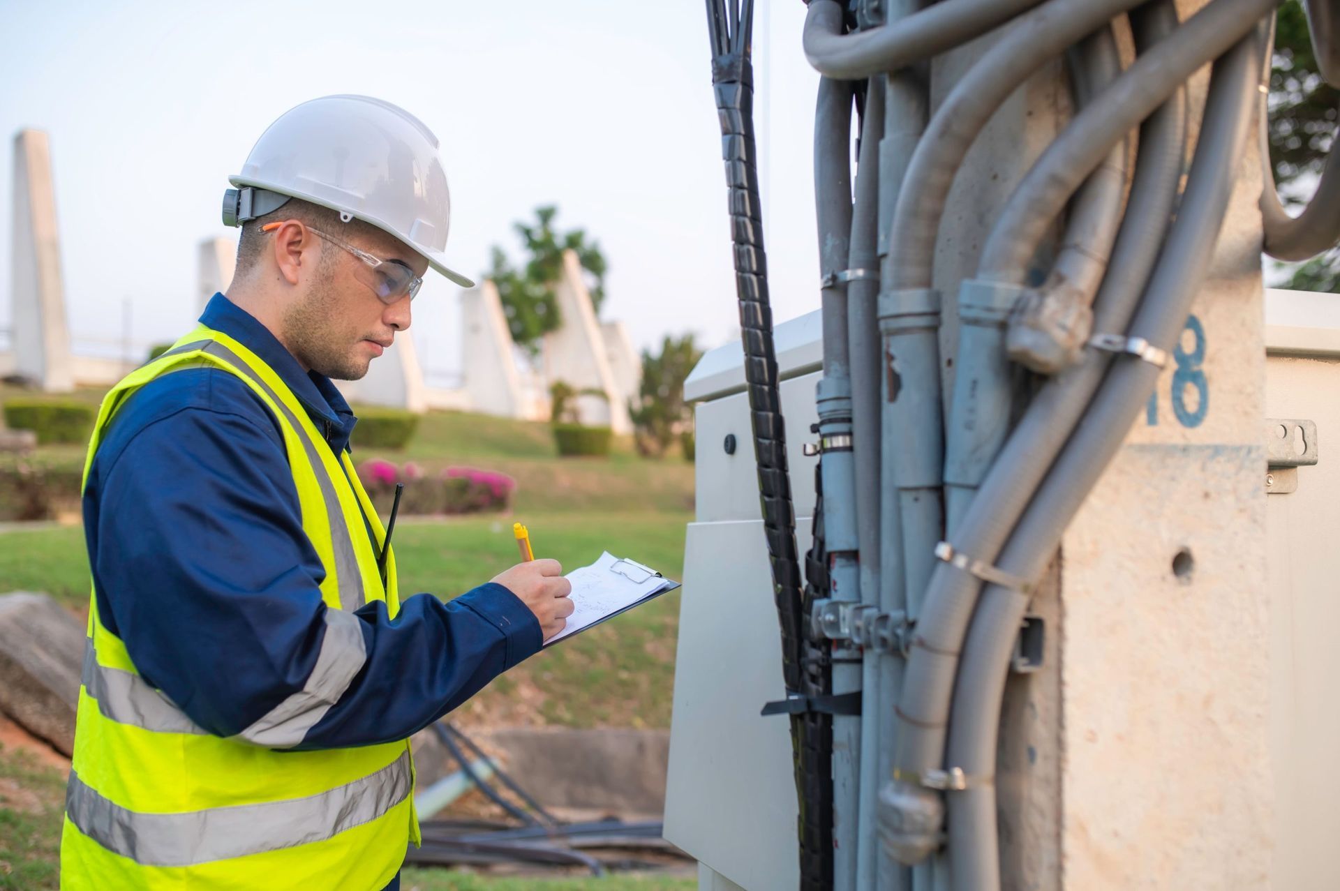 An engineer in a hard hat and safety vest inspects electrical wiring outdoors, taking notes on a clipboard.