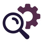 Magnifying glass over a gear; purple gradient, representing search and settings.