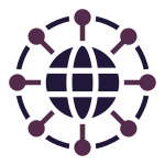 Globe surrounded by nodes and a connected circular ring; purple and dark blue.