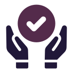 Hands cupping a purple circle containing a white checkmark, suggesting support or approval.