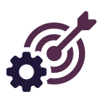 Purple gear and arrow hitting the center of a target, representing goal-oriented processes.