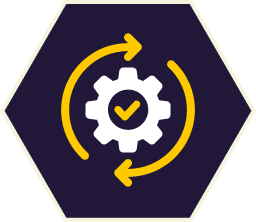 A white gear with a checkmark in the center, surrounded by a yellow circular arrow, within a dark blue hexagon.