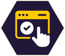 Yellow website window with a checkmark, being clicked by a white hand. Set within a dark blue hexagon.