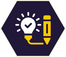 Hexagon graphic of a lit lightbulb with a checkmark, connected to a pencil.