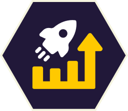 Rocket taking off above a yellow upward-trending graph; inside a dark blue hexagon.
